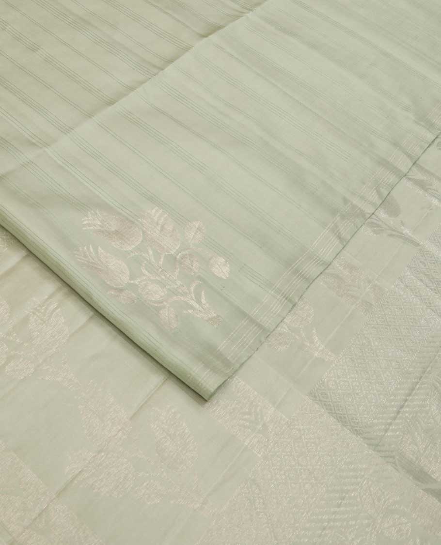 Borderless green striped and floral zari buttas soft silk saree, zari pallu of floral designs