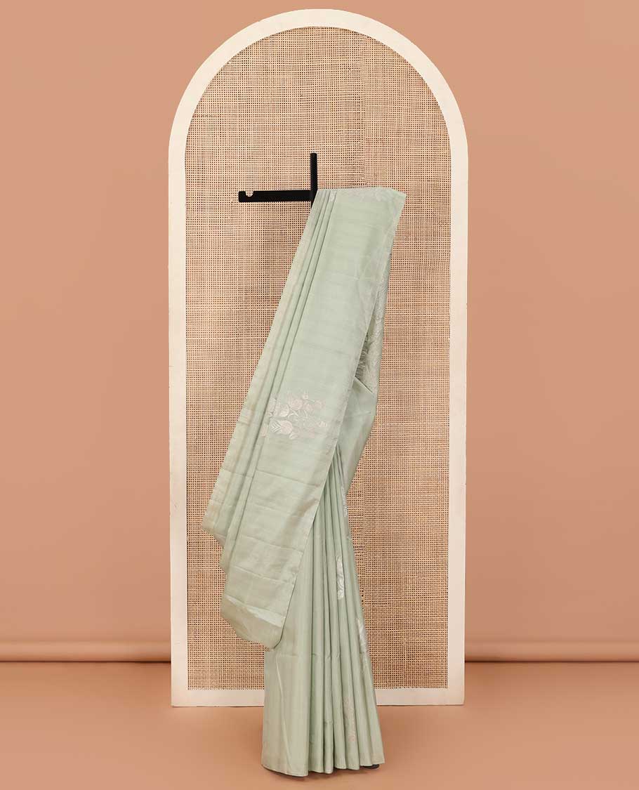 Borderless green striped and floral zari buttas soft silk saree, zari pallu of floral designs