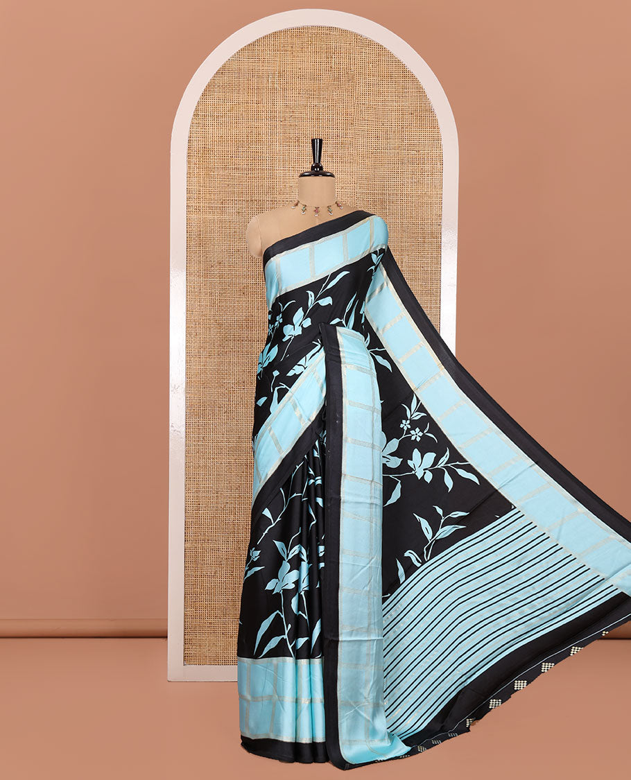 Black and Blue Satin Crepe Saree, Spotlighted with Floral Vine Print All Over Its Body, Complemented by a Contrast Foil Printed Checked Border, Pallu Steeped with Stripes, and Paired with a Matching Blouse