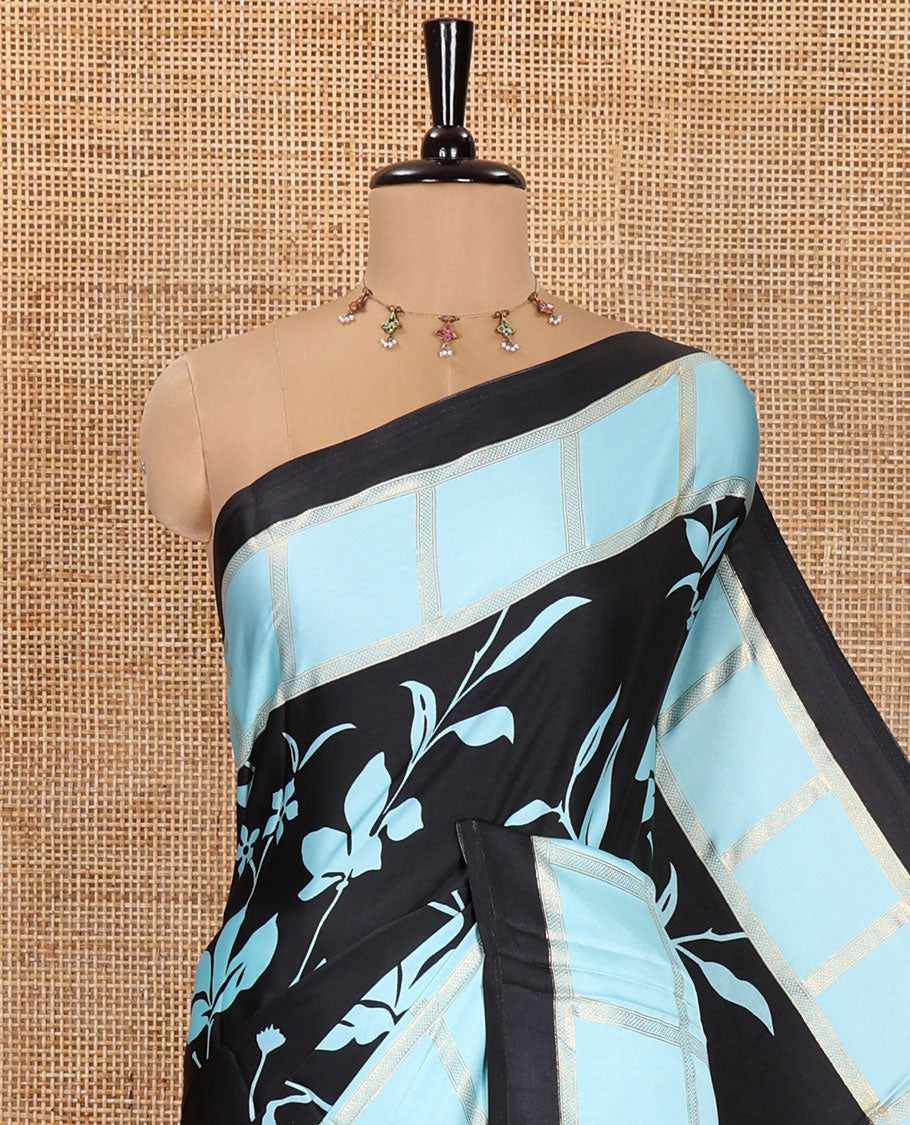 Black and Blue Satin Crepe Saree, Spotlighted with Floral Vine Print All Over Its Body, Complemented by a Contrast Foil Printed Checked Border, Pallu Steeped with Stripes, and Paired with a Matching Blouse