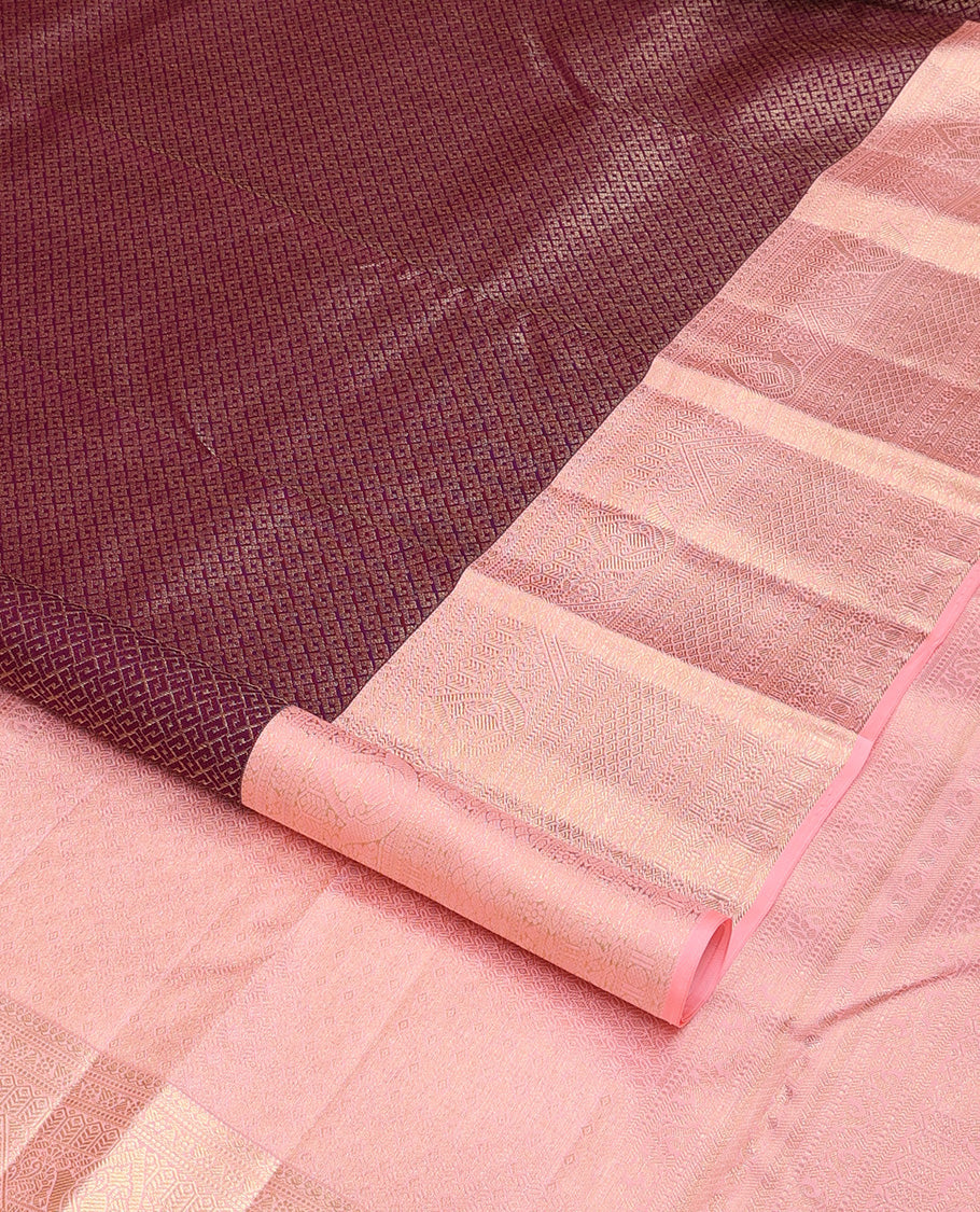 Maroon jacquard wedding silk saree, contrast traditional zari design border, and intricate pallu