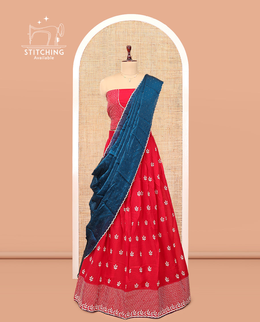 Red Banarasi Half-Saree, Delicately Woven with Floral Buttas Embroidered Skirt, Embroidered Border, Matching Blouse, and Contrast Scallop Embroidered Dupatta