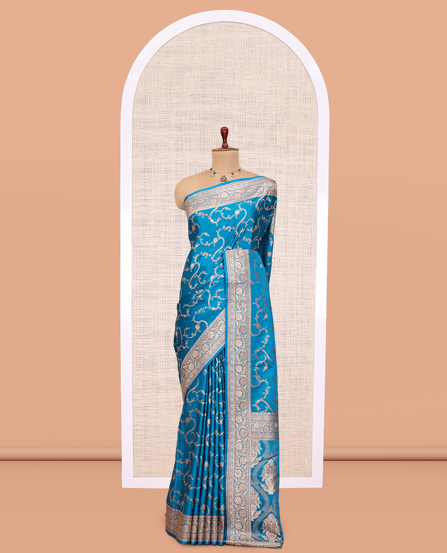 Blue Semi-Banaras Satin Silk Saree