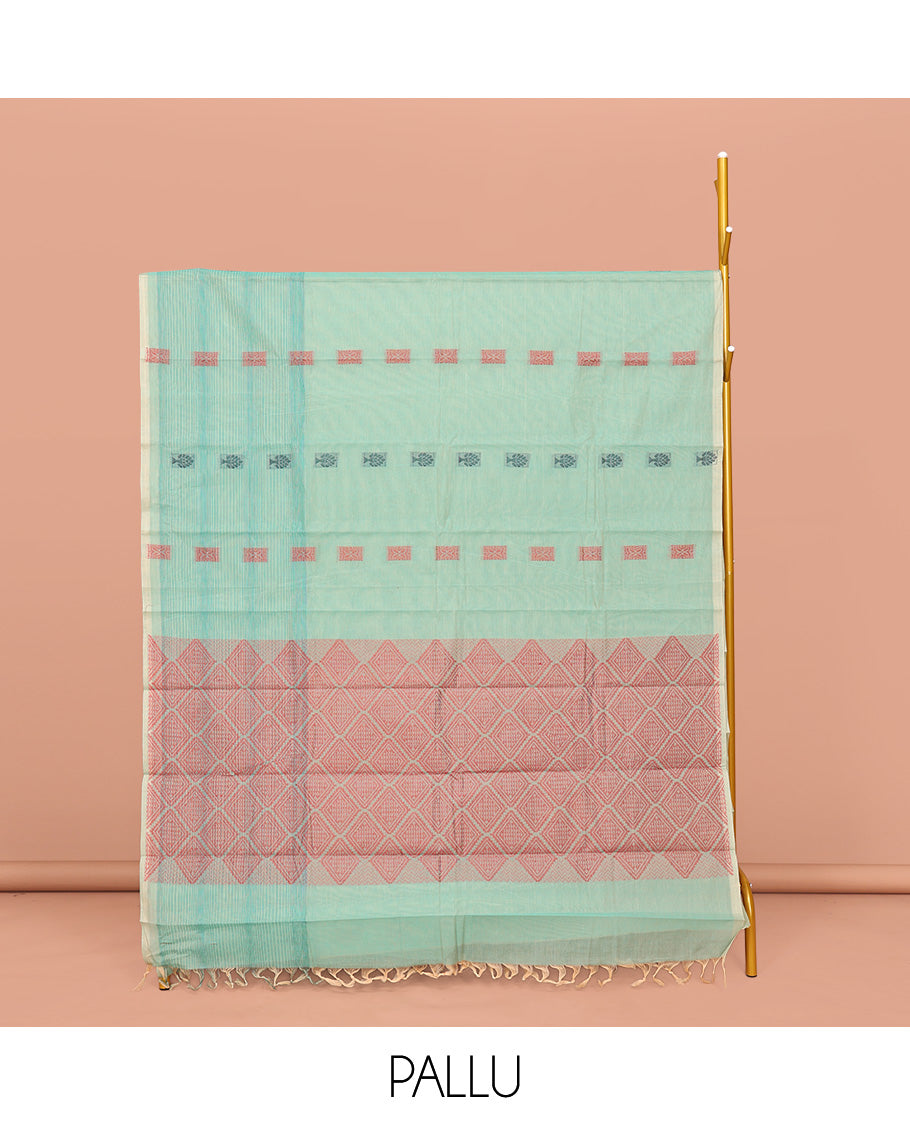 Borderless Blue Kanchi Cotton Saree, Delicately Woven with Buttas on Its Body, Highlighted by Pallu of Jaal Designs, and Paired with a Matching Blouse