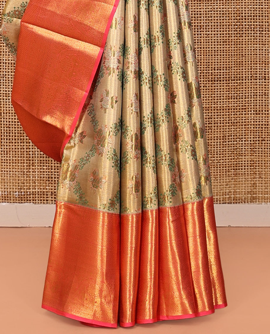Gold Jacquard Design Kanchipuram Tissue Silk Saree, a Contrast Border of Thilakam Mokku, Muthu, Kamalam, Paisa, Mayil Kann, Cross Kamalam, Manga, and Jaal, Grand Pallu, and Contrast Blouse