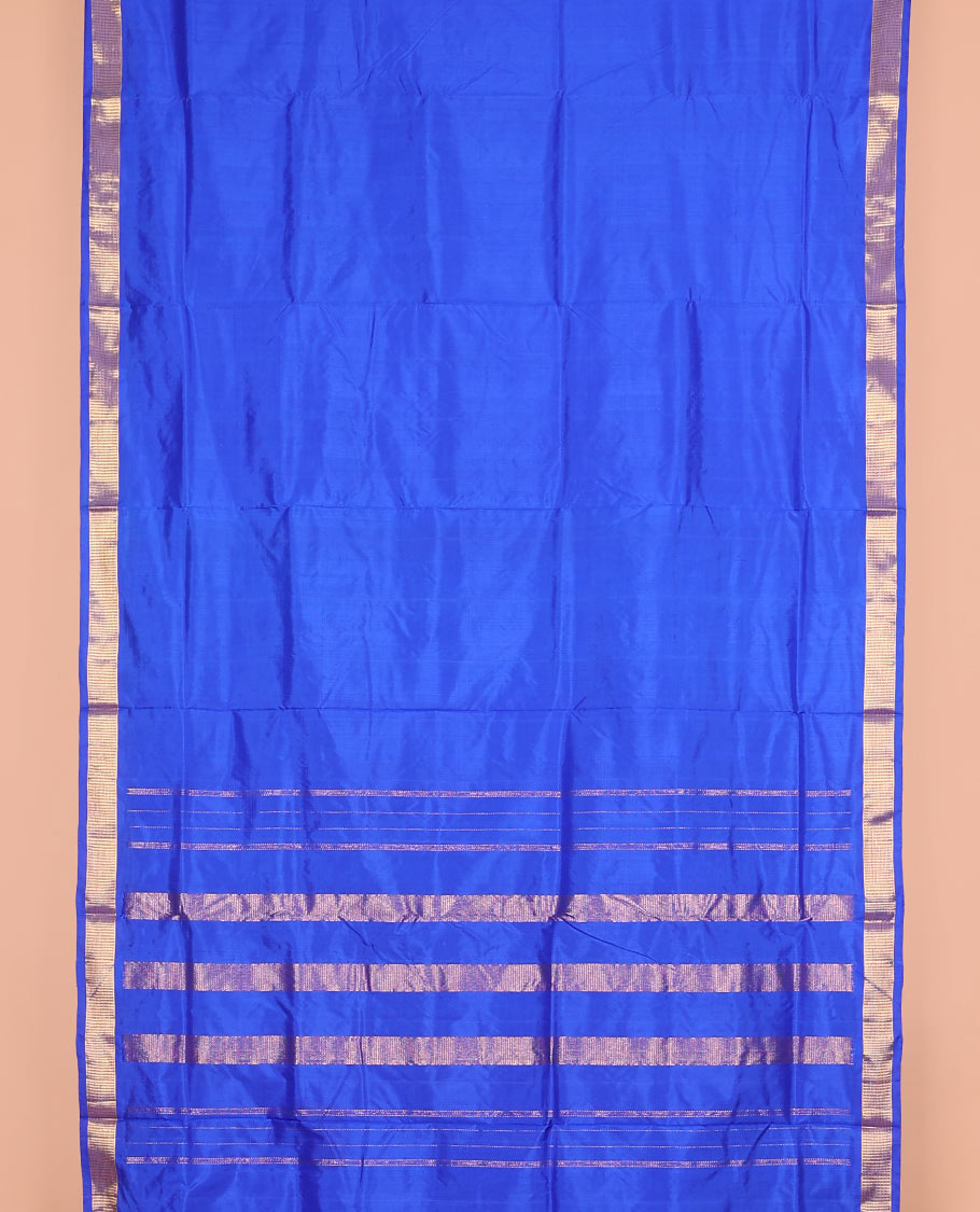 Royal blue plain nine-yard silk saree, zari border, and pallu of zari designs