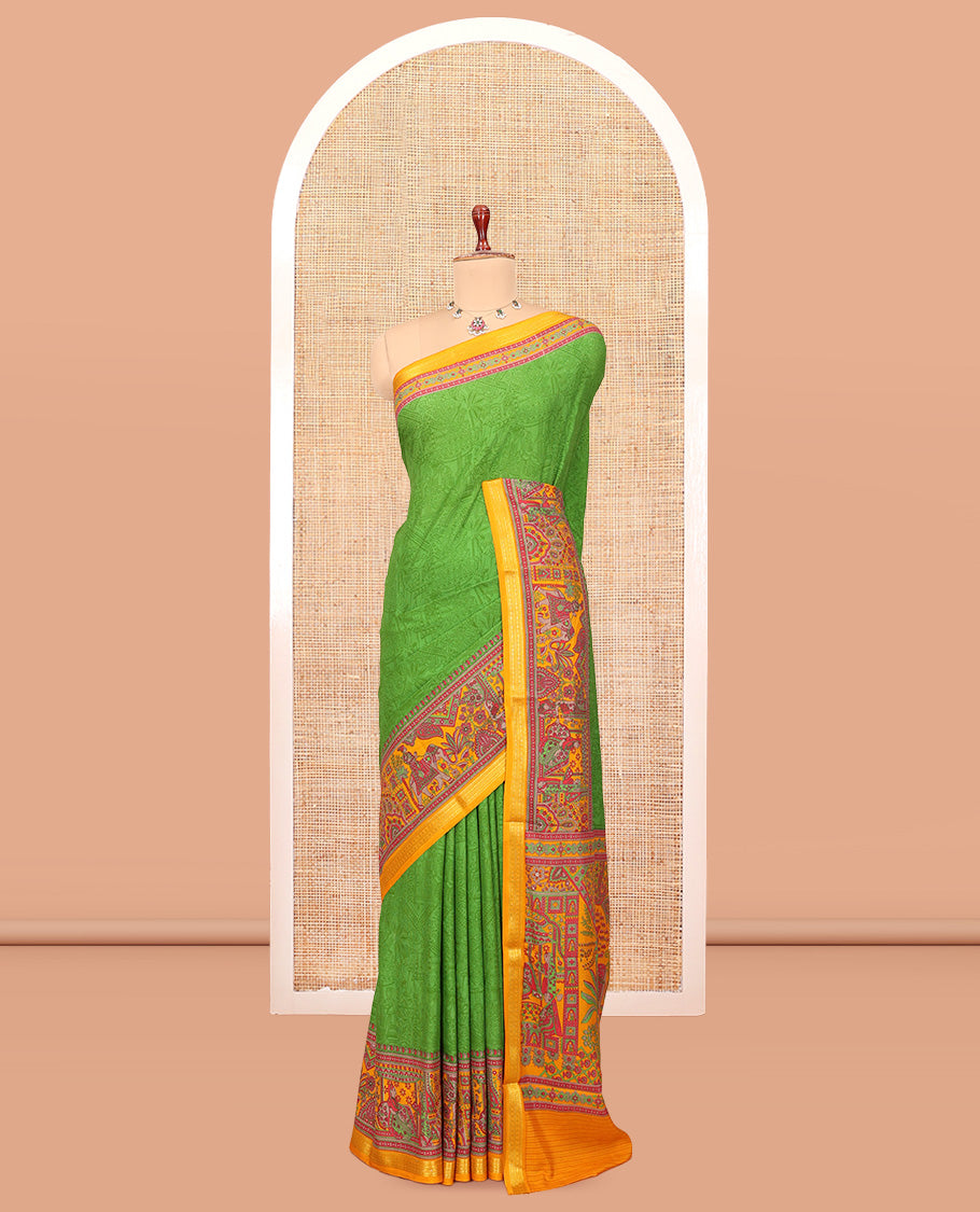 Green Sparsely Printed Silk Saree, a Contrast Mughal-Style Border, a Contrast Blouse