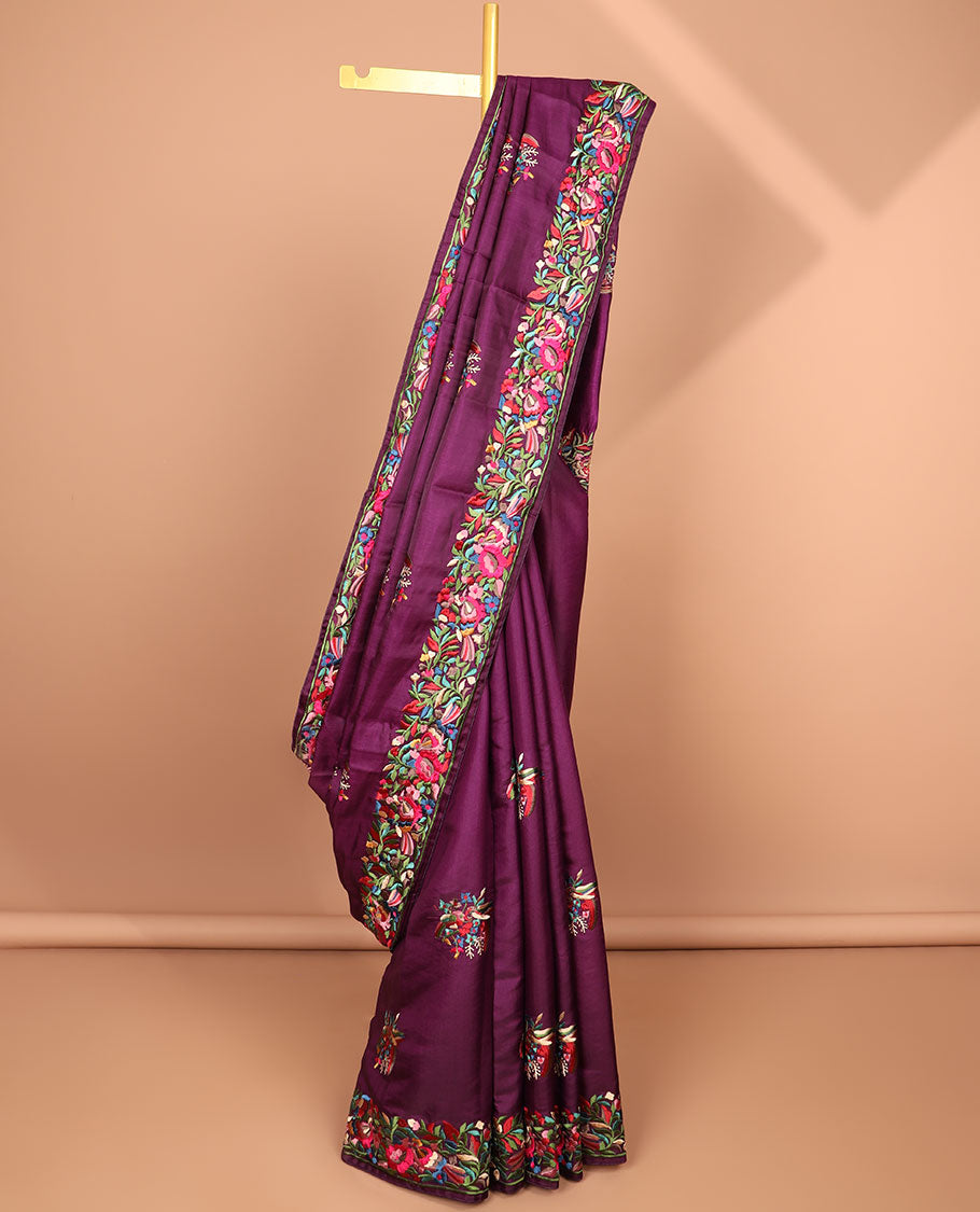 Purple all-over floral motifs thread embroidery tussar silk saree with self floral embroidery border