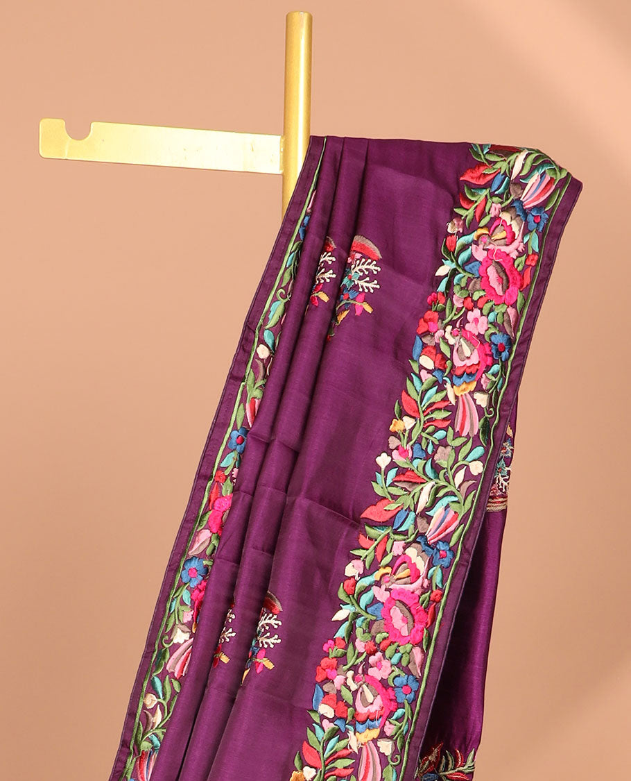 Purple all-over floral motifs thread embroidery tussar silk saree with self floral embroidery border