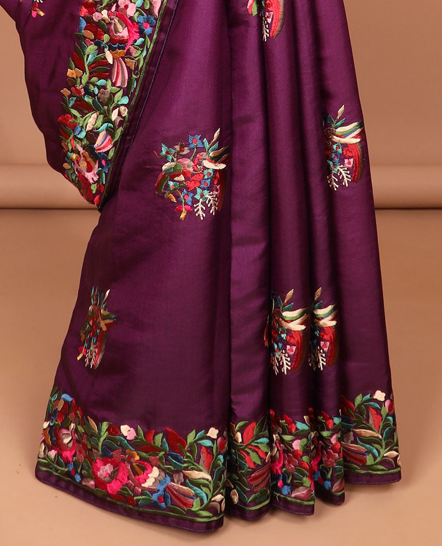 Purple all-over floral motifs thread embroidery tussar silk saree with self floral embroidery border