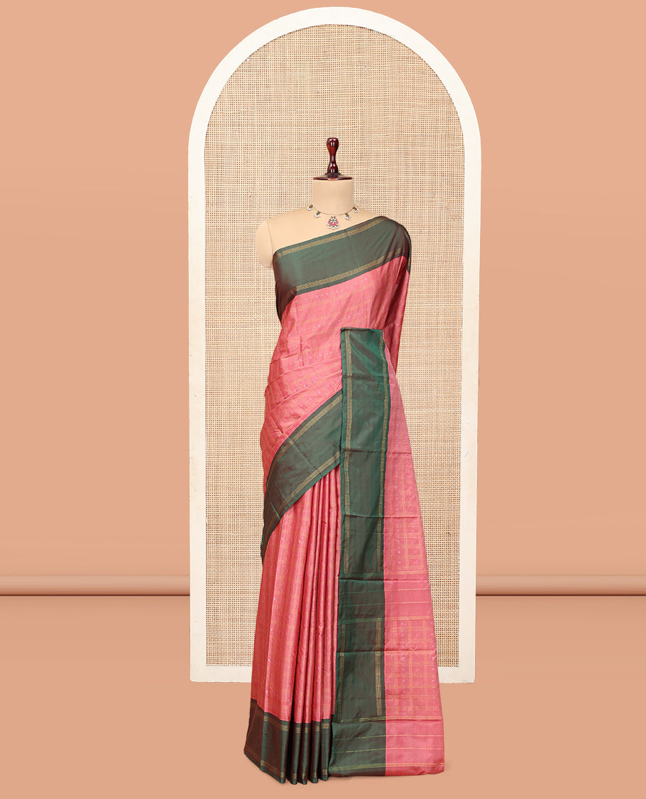 Peach Arani Saree, Subtly Sparkled with Butta Enclosed Checks, a Contrast Bodi Border, Self-Pallu, and a Matching Blouse