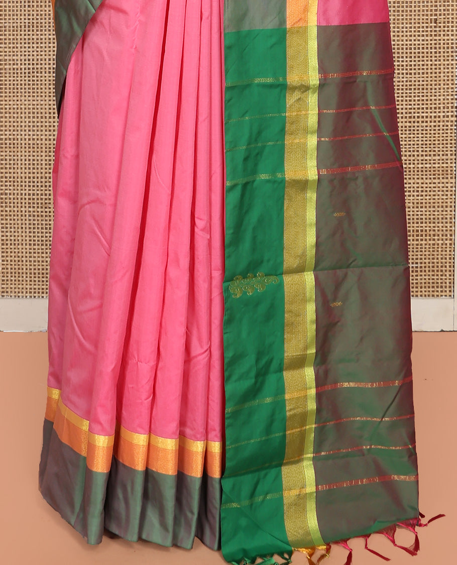 Pink Aarani Silk Saree, Embellished with Buttas on Its Body, Complemented by a Contrast Border, Pallu of Stripes and Buttas, and Paired with a Contrast Blouse
