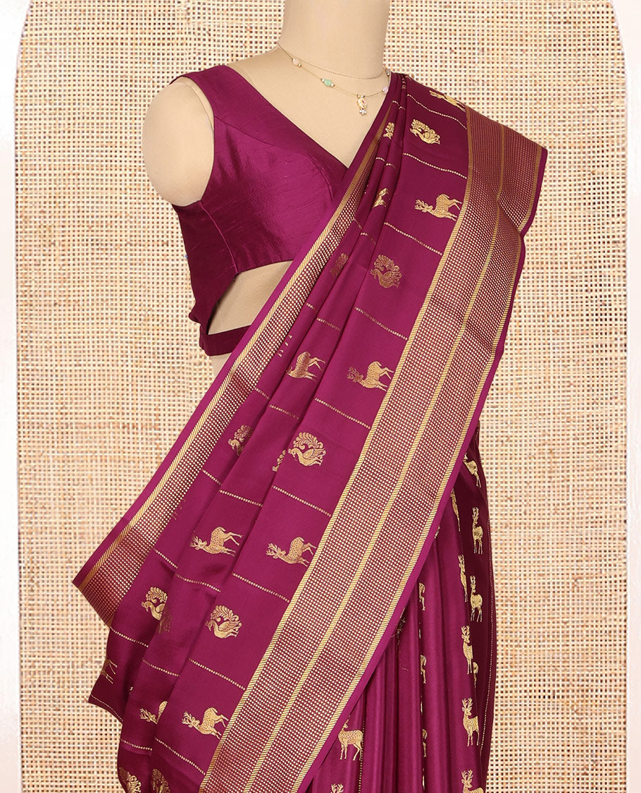 Wine Mysore Silk Saree, Opulently Embellished with Peacock-Deer Buttas and Stripes, Highlighted by a Traditional Zari Border, Grand Pallu, and a Matching Blouse