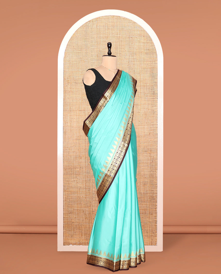 Turquoise Plain Mysore Silk Saree, Complemented by a Contrast Temple Peacock Zari Border, Zari Design Pallu, and a Contrast Blouse