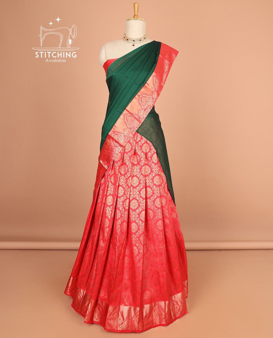 Red floral jacquard half saree with self floral zaei design border , zari design blouse & plain, zari design border dhavani