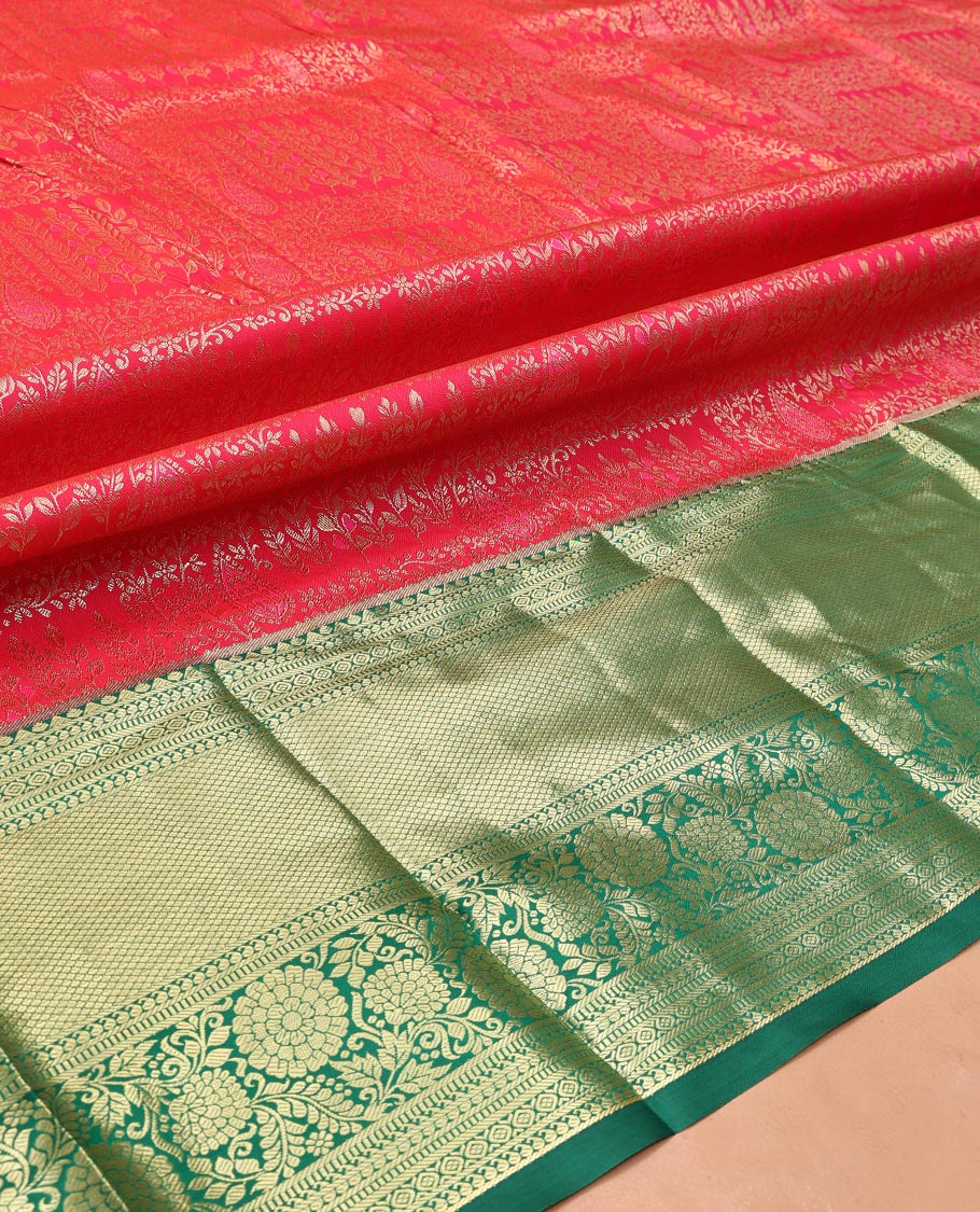 Red Art Silk Material Half Saree, Opulently Embellished with Jacquard Skirt, a Contrast Traditional Zari Border, Contrast Blouse, and an Intricate Dhavani