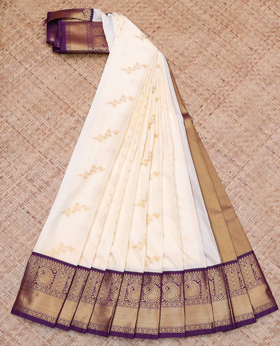 Cream Budget Silk Saree, Showcasing Zari Buttas All Over Its Body, Complemented by a Contrast Traditional Zari Design Border of Paisleys, Pallu Features Paisley Designs, and Paired with a Contrast Blouse