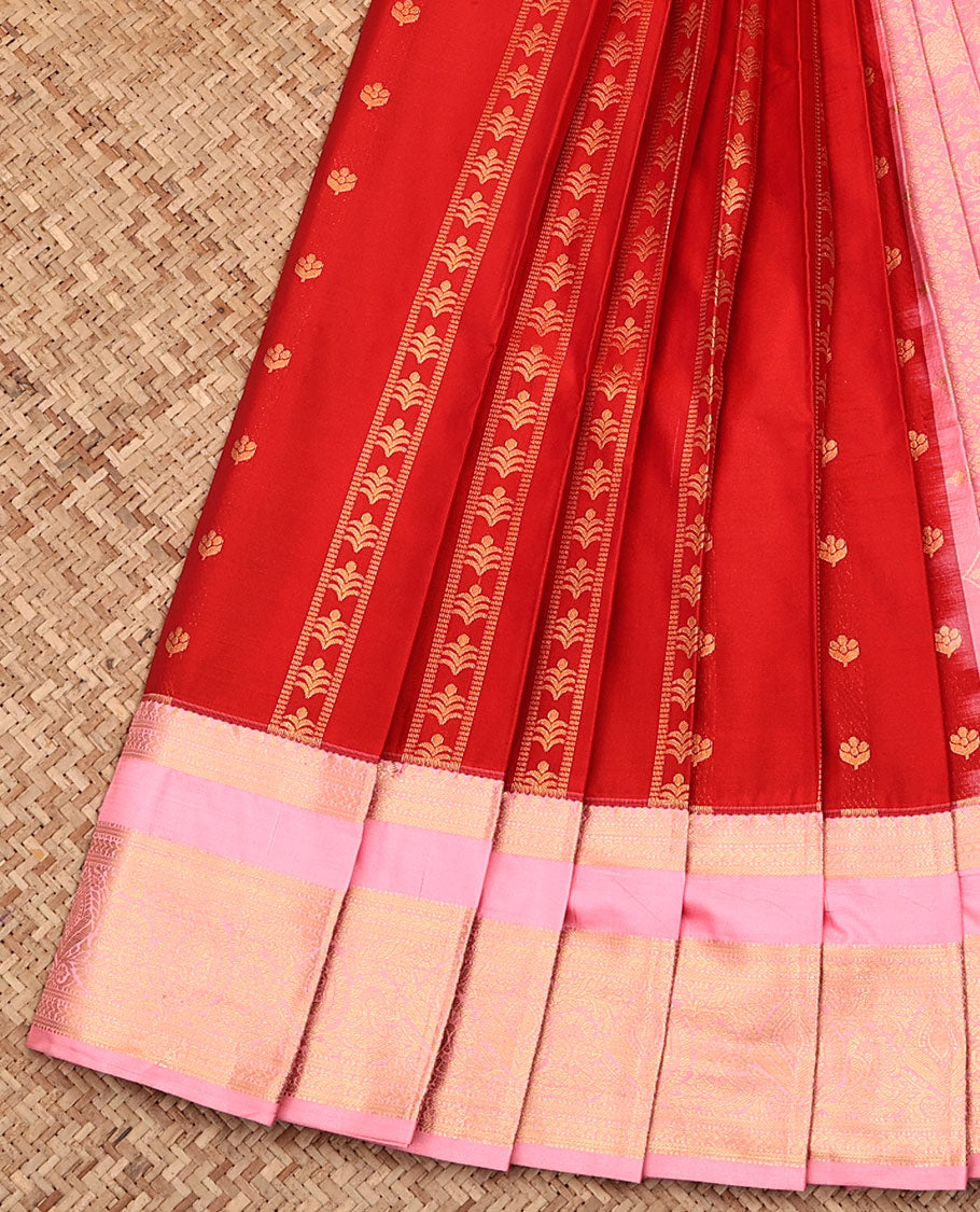 Orange Budget Silk Saree, Embellished with Zari Buttas and Stripes All Over Its Body, Complemented by a Contrast Traditional Zari Design Border, Grand Jaal Pallu, and Paired with a Contrast Blouse