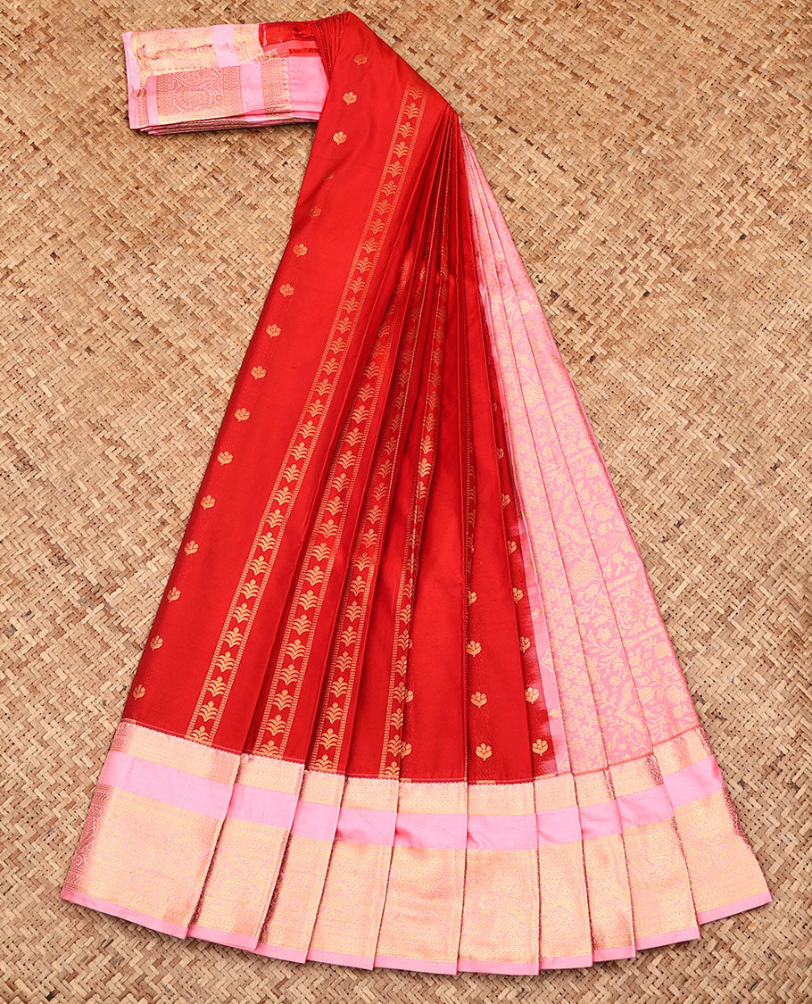 Orange Budget Silk Saree, Embellished with Zari Buttas and Stripes All Over Its Body, Complemented by a Contrast Traditional Zari Design Border, Grand Jaal Pallu, and Paired with a Contrast Blouse