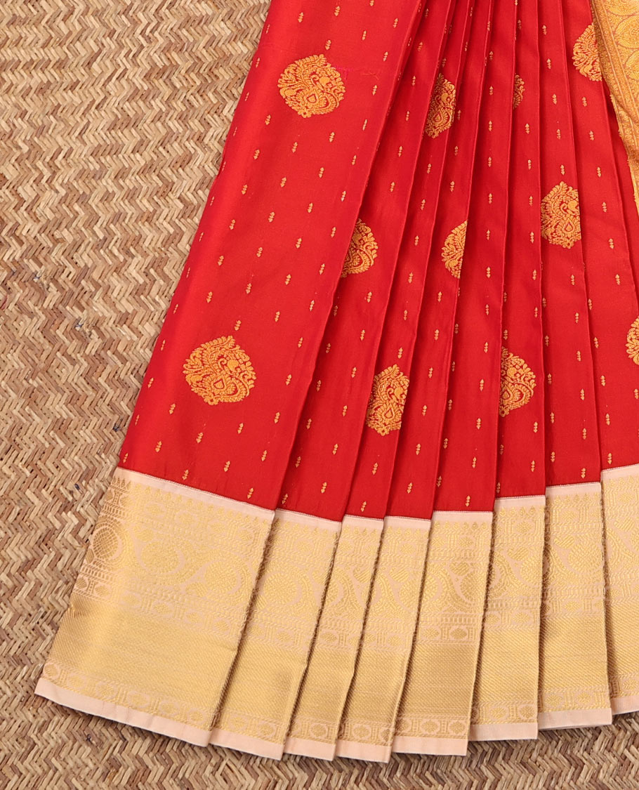 Red Budget Silk Saree, Highlighted by Zari Buttas on Its Body, Complemented by a Contrast Traditional Zari Border, Gleaming Jaal Pallu, and Paired with a Contrast Blouse