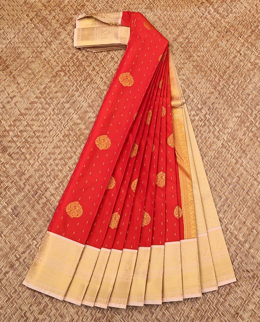 Red Budget Silk Saree, Highlighted by Zari Buttas on Its Body, Complemented by a Contrast Traditional Zari Border, Gleaming Jaal Pallu, and Paired with a Contrast Blouse