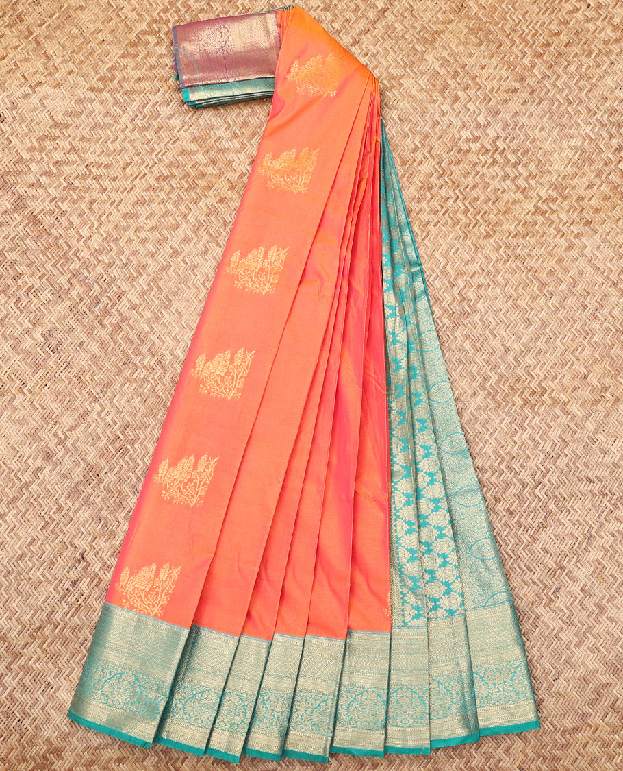 Orange Budget Silk Saree, Detailed with Zari Buttas, Complemented by a Contrast Traditional Zari Border, Grand Pallu, and a Contrast Blouse