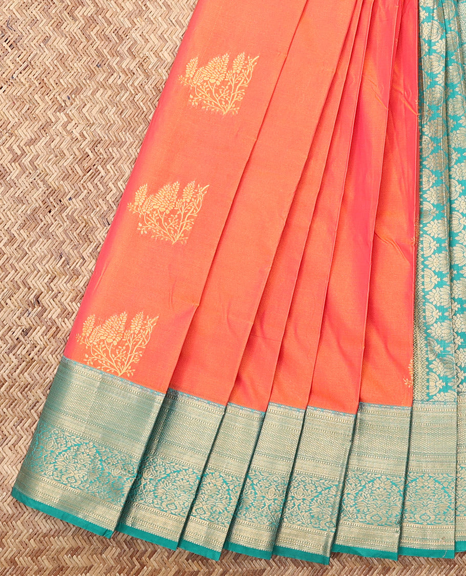 Orange Budget Silk Saree, Detailed with Zari Buttas, Complemented by a Contrast Traditional Zari Border, Grand Pallu, and a Contrast Blouse