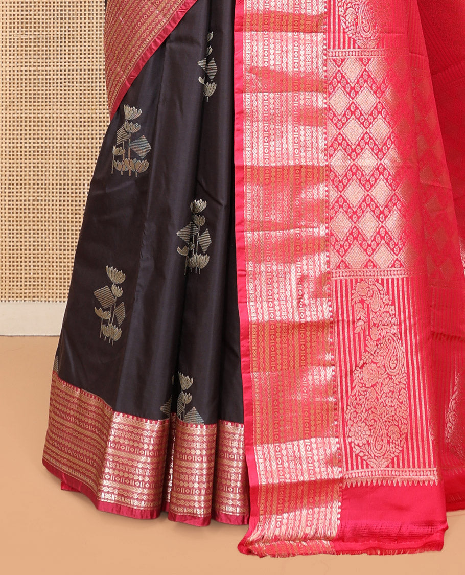 Brown Budget Silk Saree, Delicately Woven with Zari Buttas, Complemented by Contrast Traditional Zari Border, Pallu of Jaal and Paisleys, and Contrast Blouse