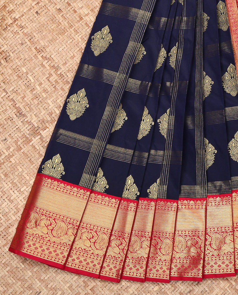 Navy Blue Budget Silk Saree, Embellished with Zari Buttas All Over Its Body, Complemented by a Contrast Traditional Zari Design Border, Grand Pallu, and Paired with a Contrast Blouse
