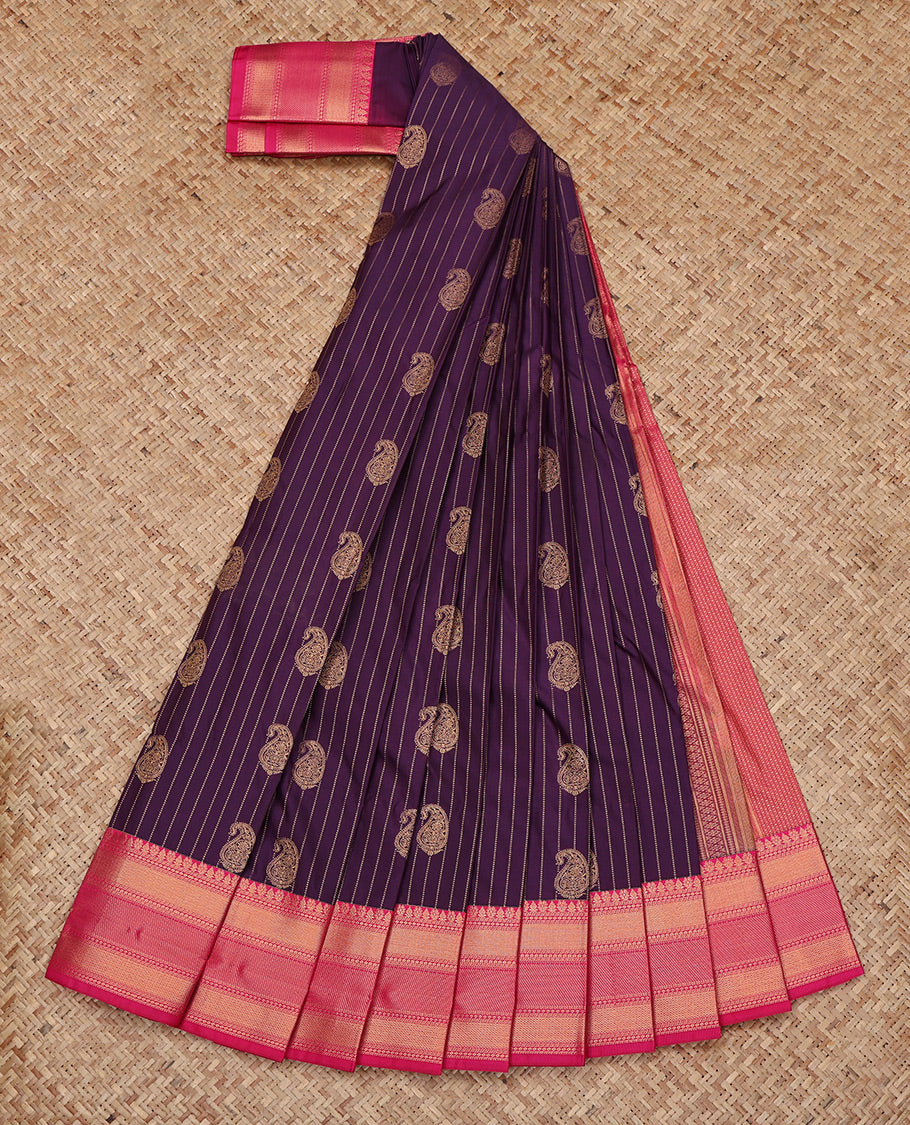 Violet Budget Silk Saree, Detailed with Paisley Buttas and Stripes All Over Its Body, Complemented by a Contrast Traditional Zari Border, Grand Pallu, and Paired with a Contrast Blouse