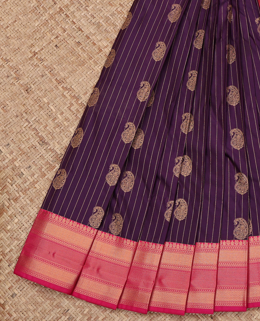 Violet Budget Silk Saree, Detailed with Paisley Buttas and Stripes All Over Its Body, Complemented by a Contrast Traditional Zari Border, Grand Pallu, and Paired with a Contrast Blouse