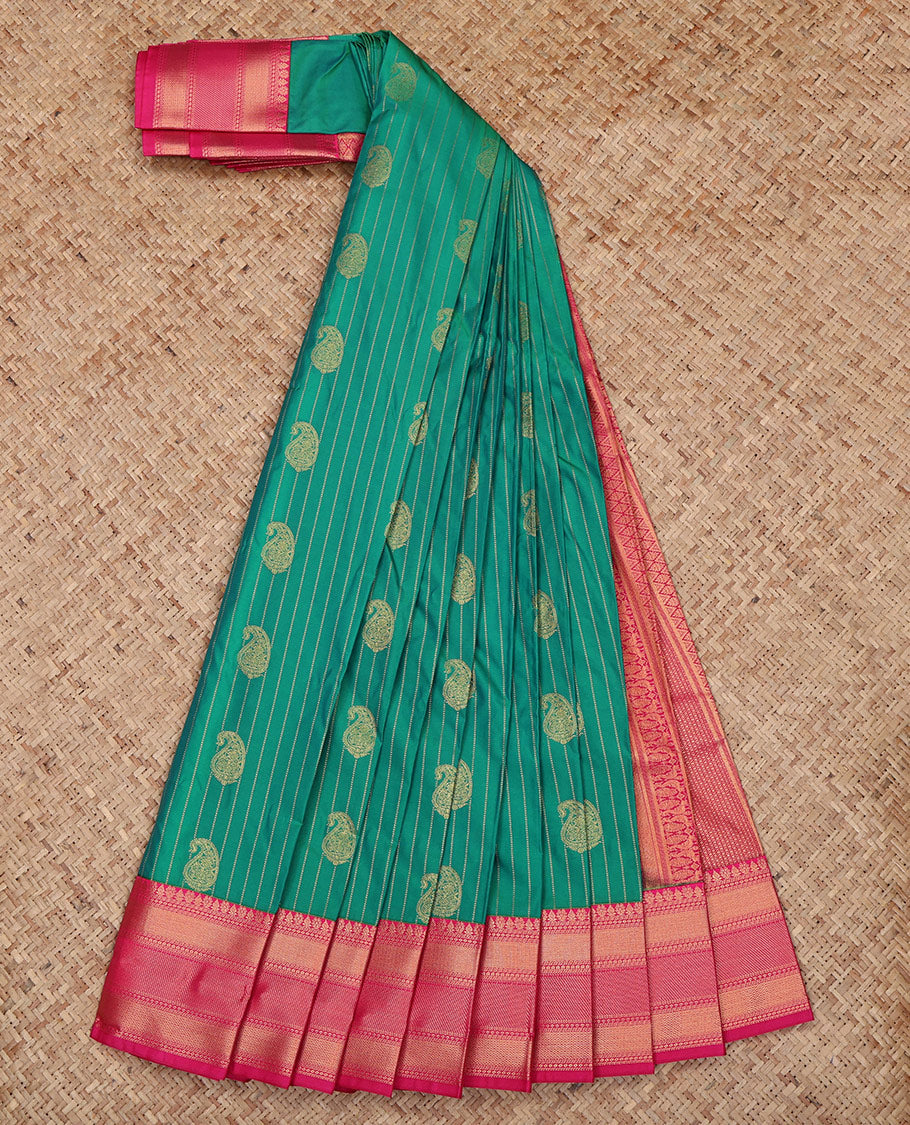 Green Budget Silk Saree, Enthralled with Paisley Buttas and Stripes All Over Its Body, Complemented by a Contrast Traditional Zari Border, Grand Pallu, and Paired with a Contrast Blouse