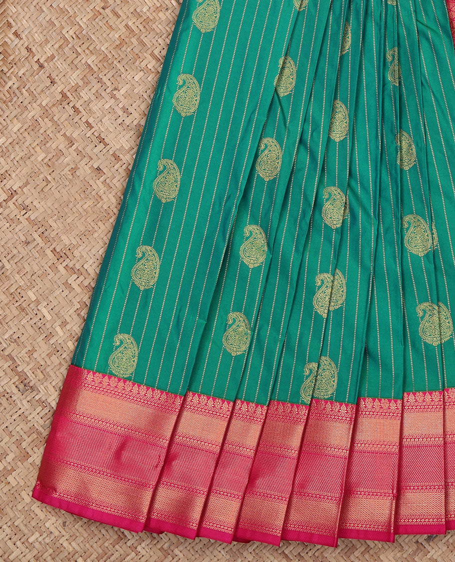 Green Budget Silk Saree, Enthralled with Paisley Buttas and Stripes All Over Its Body, Complemented by a Contrast Traditional Zari Border, Grand Pallu, and Paired with a Contrast Blouse