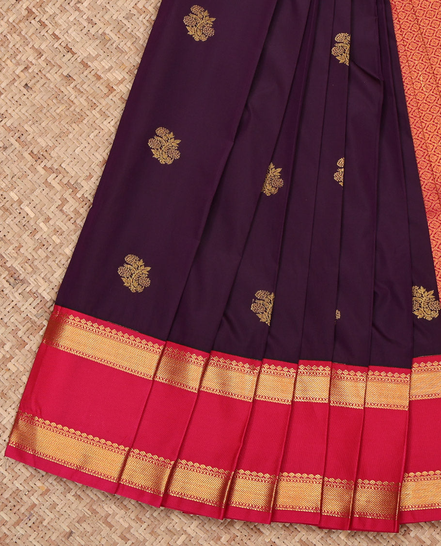 Wine Budget Silk Saree, Mesmerized with Zari Buttas on Its Body, Complemented by a Contrast Traditional Zari Design Rettai Pettu Border, Pallu of Jaal Designs, and Paired with a Contrast Blouse