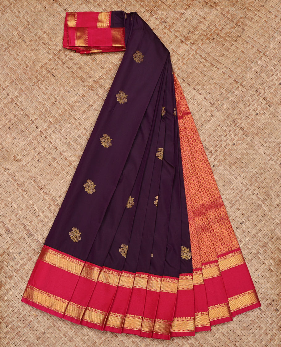 Wine Budget Silk Saree, Mesmerized with Zari Buttas on Its Body, Complemented by a Contrast Traditional Zari Design Rettai Pettu Border, Pallu of Jaal Designs, and Paired with a Contrast Blouse