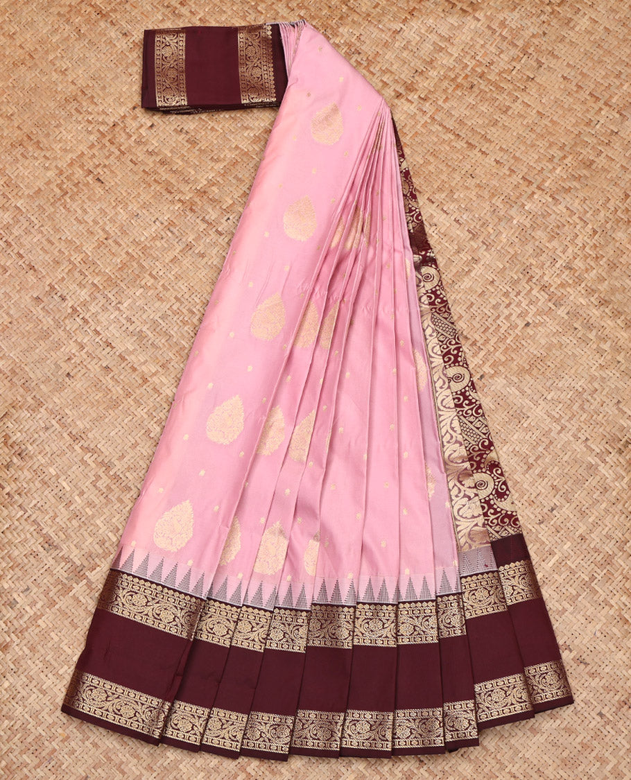 Pink Budget Silk Saree, Bedecked with Zari Buttas, Complemented by a Contrast Traditional Zari Design Rettai Pettu Temple Border, Grand Pallu, and a Contrast Blouse