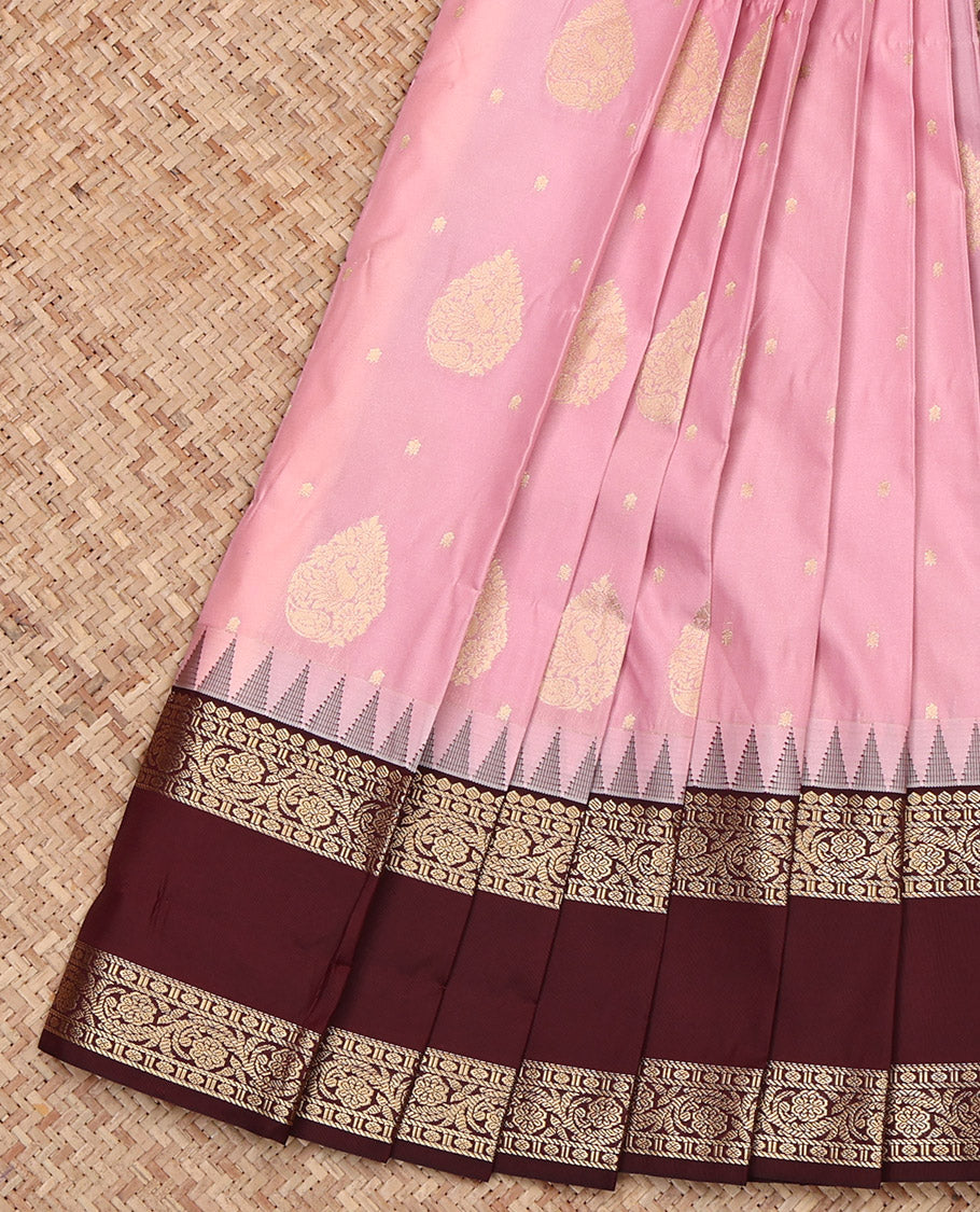 Pink Budget Silk Saree, Bedecked with Zari Buttas, Complemented by a Contrast Traditional Zari Design Rettai Pettu Temple Border, Grand Pallu, and a Contrast Blouse