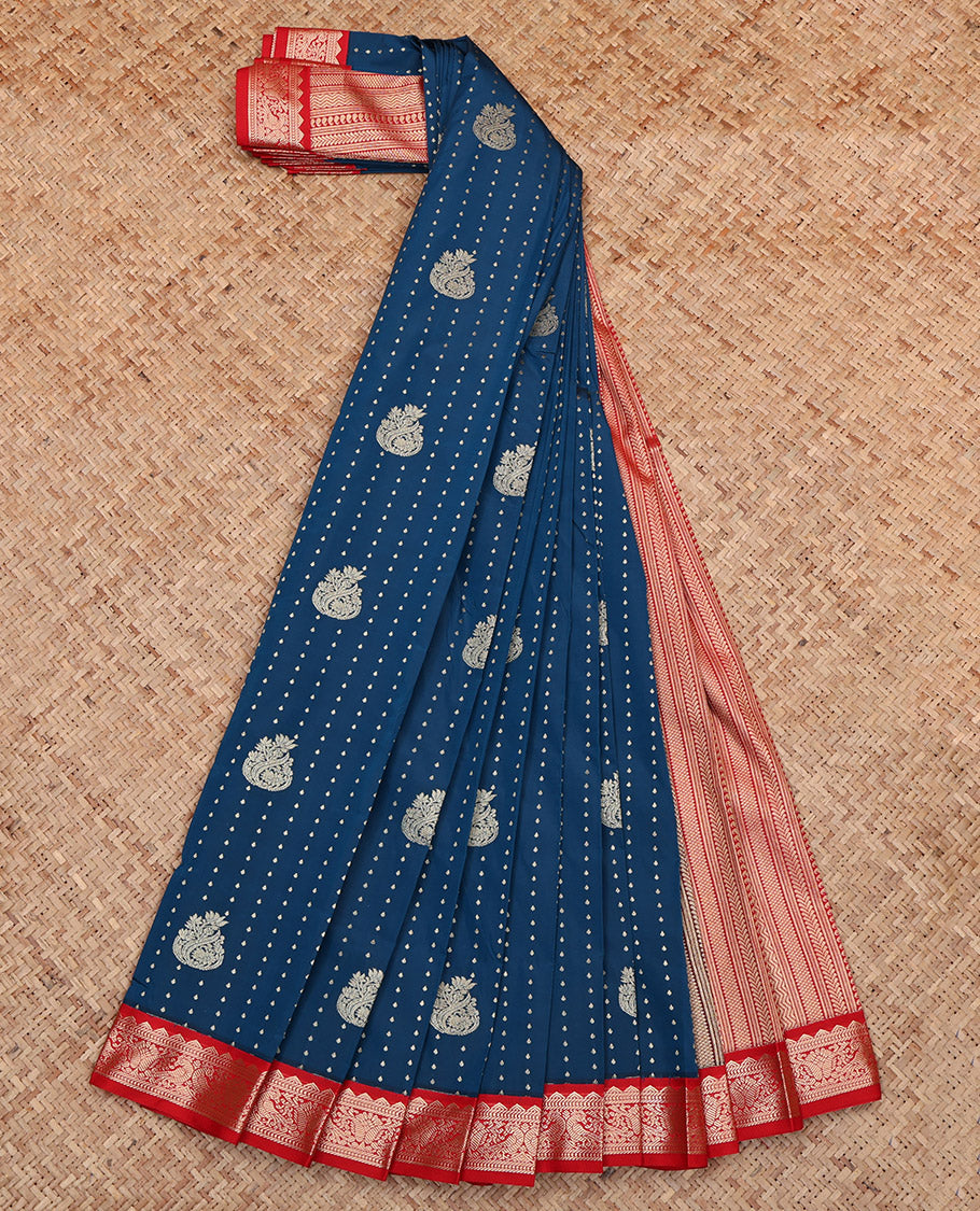 Blue Budget Silk Saree, Steeped with Zari Buttas, Complemented by Contrast Traditional Border, Geometric Pallu and a Contrast Blouse
