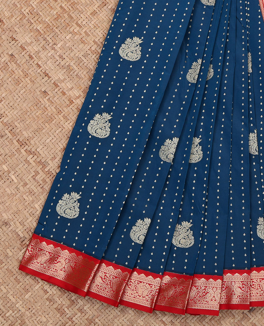Blue Budget Silk Saree, Steeped with Zari Buttas, Complemented by Contrast Traditional Border, Geometric Pallu and a Contrast Blouse