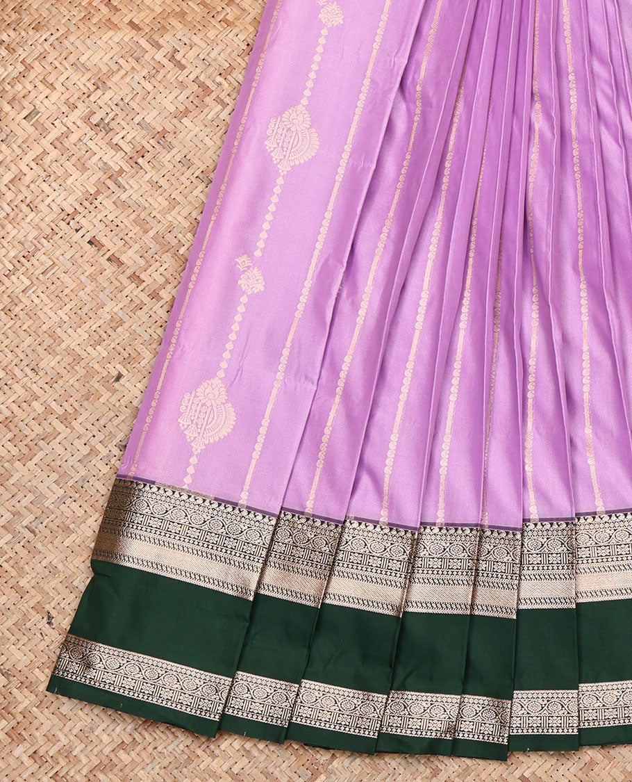 Pink Budget Silk Saree, Woven with Zari Stripes, Complemented by a Contrast Traditional Zari Rettai Pettu Border, Intricately Designed Pallu, and a Contrast Blouse