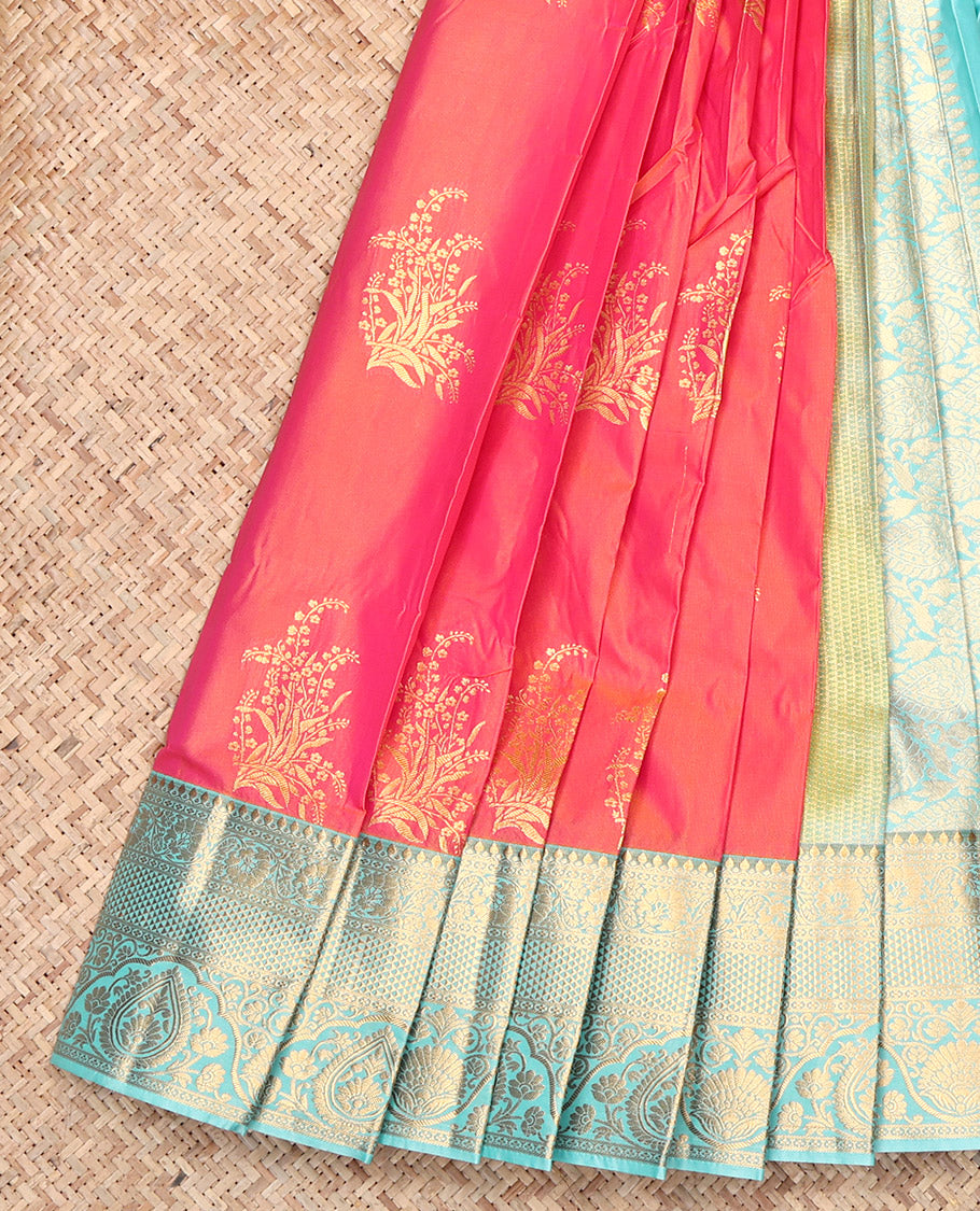 Orange Budget Silk Saree, Elevated with Zari Buttas, Contrast Traditional Zari Border, Grand Pallu, and a Contrast Blouse