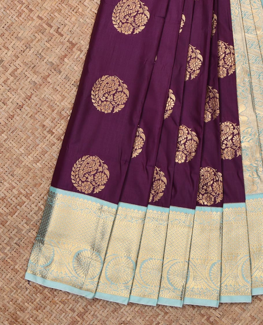 Brown Budget Silk Saree, Prettified with Round Zari Buttas, Complemented by Contrast Traditional Zari Border, Grand Pallu and a Contrast Blouse