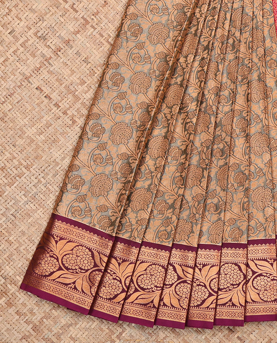 Grey Budget Silk Saree, Decked Up with Jacquard, Complemented by a Contrast Floral Creeper Zari Border, Grand Pallu, and a Contrast Blouse