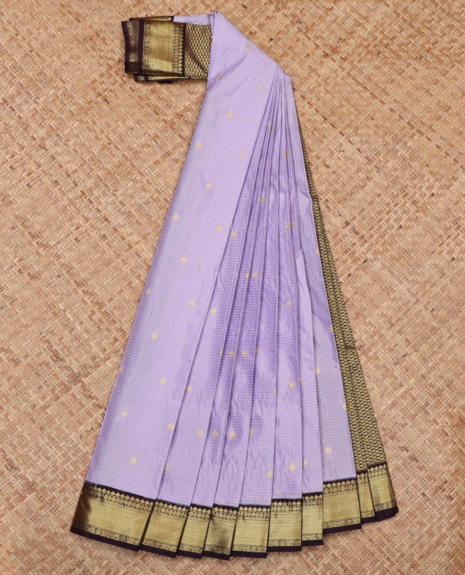 Lavender Budget Silk Saree, Beautifully Bedecked with Zari Buttas and Stripes, Complemented by a Contrast Traditional Zari Border, Jaal Pallu, and a Contrast Blouse