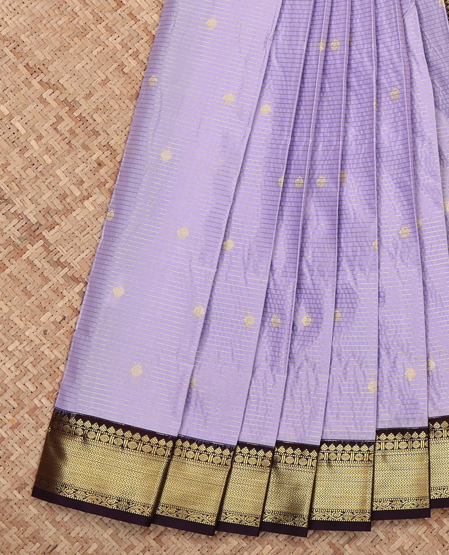 Lavender Budget Silk Saree, Beautifully Bedecked with Zari Buttas and Stripes, Complemented by a Contrast Traditional Zari Border, Jaal Pallu, and a Contrast Blouse