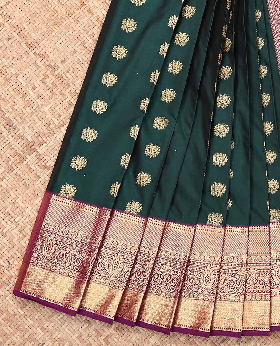 Green Budget Silk Saree, Spotlighted with Zari Buttas, Complemented by a Contrast Traditional Zari Border, Intricate Pallu, and a Contrast Blouse