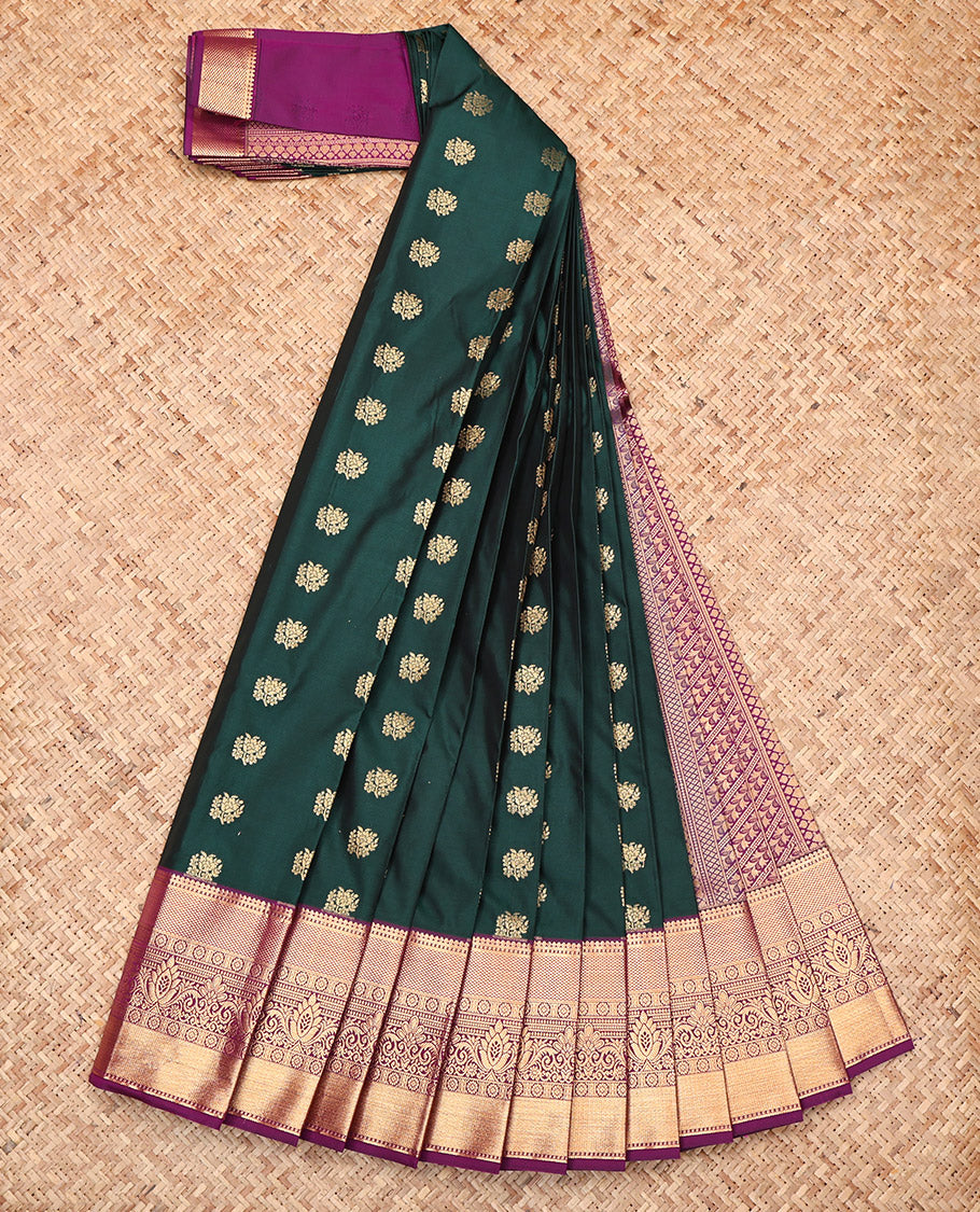Green Budget Silk Saree, Spotlighted with Zari Buttas, Complemented by a Contrast Traditional Zari Border, Intricate Pallu, and a Contrast Blouse