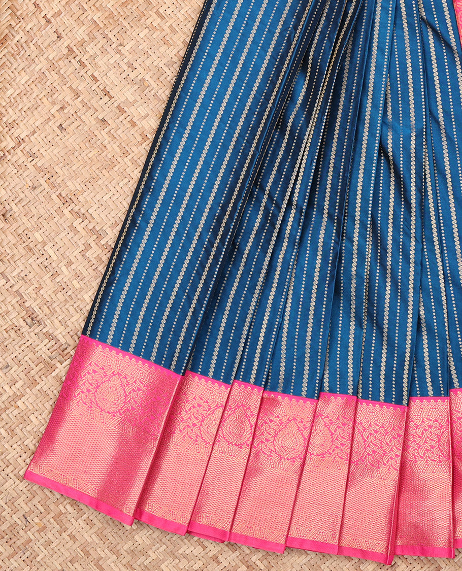 Blue Budget Silk Saree, Embellished with Zari Stripes, Complemented by a Contrast Traditional Zari Border, Grand Pallu, and a Contrast Blouse