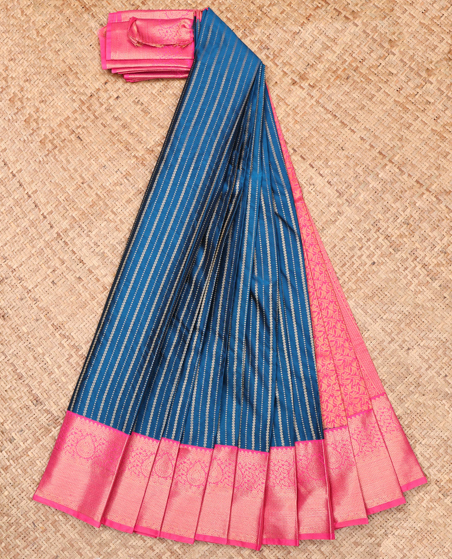 Blue Budget Silk Saree, Embellished with Zari Stripes, Complemented by a Contrast Traditional Zari Border, Grand Pallu, and a Contrast Blouse