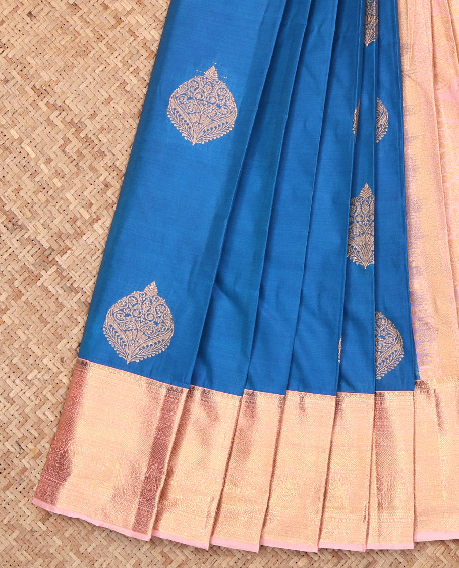 Blue Budget Silk Saree, Decked Up with Zari Buttas, Complemented by a Contrast Traditional Border, Grand Pallu, and a Contrast Blouse